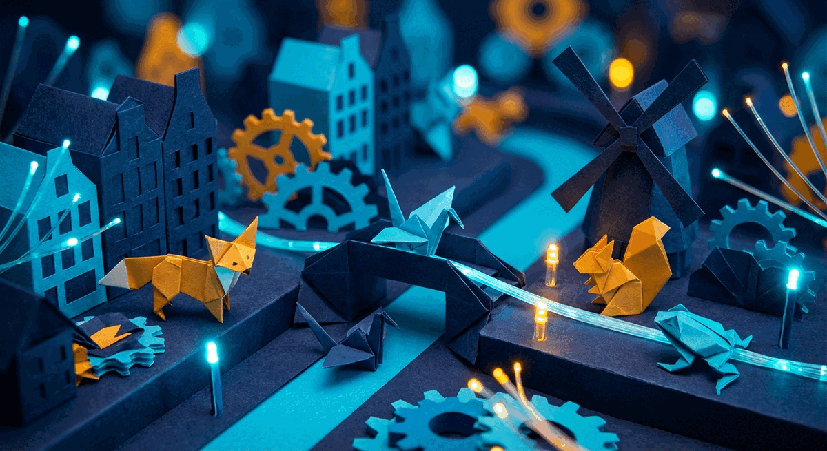 Origami-style Amsterdam startup city illustration