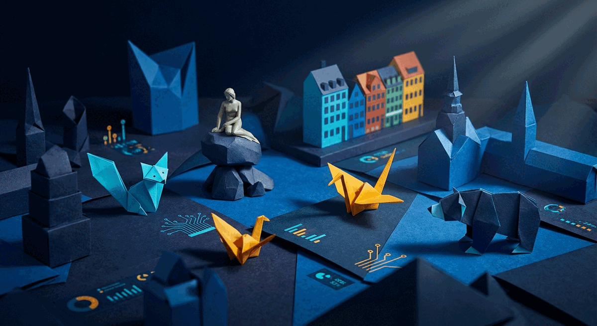 Origami-style Copenhagen startup city illustration