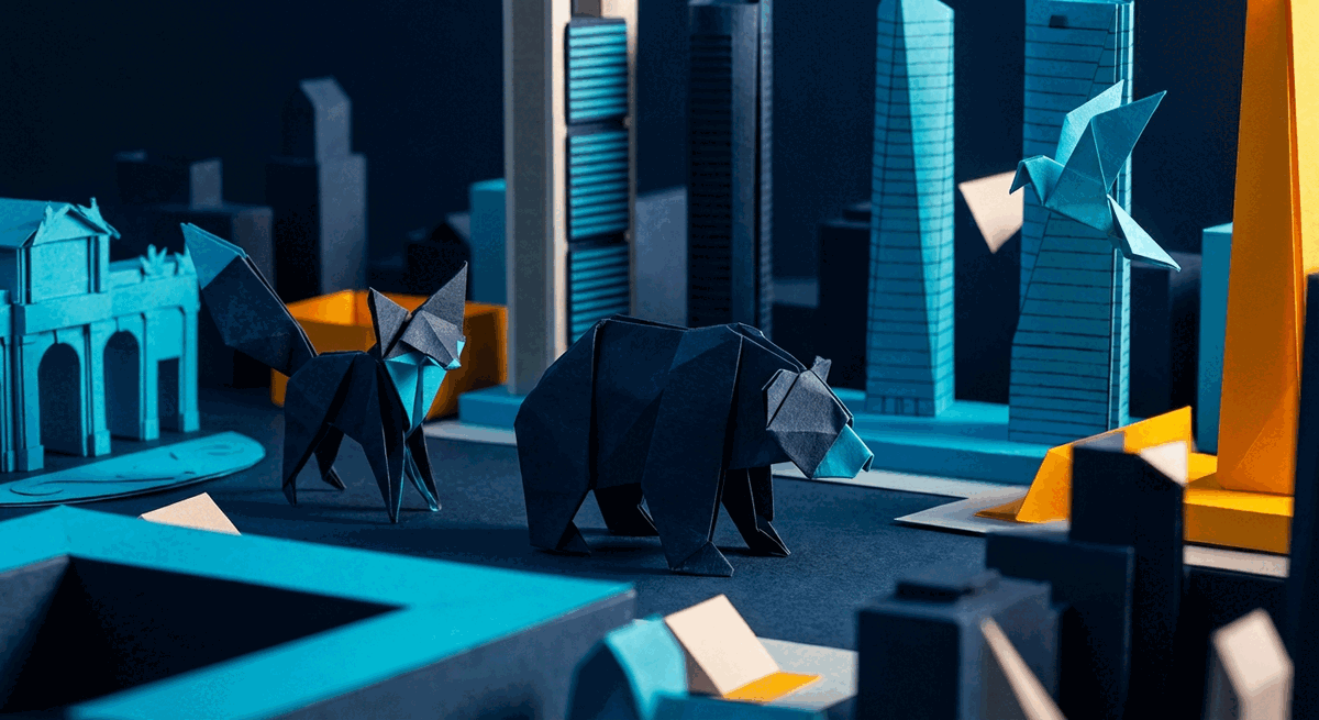 Origami-style Madrid startup city illustration