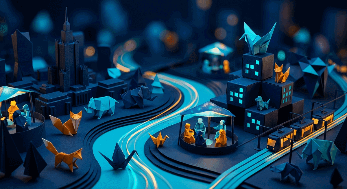 Origami-style Warsaw startup city illustration